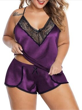 Plus-Size Satin Cami & Shorts Sleep Set with Black Lace - Purple